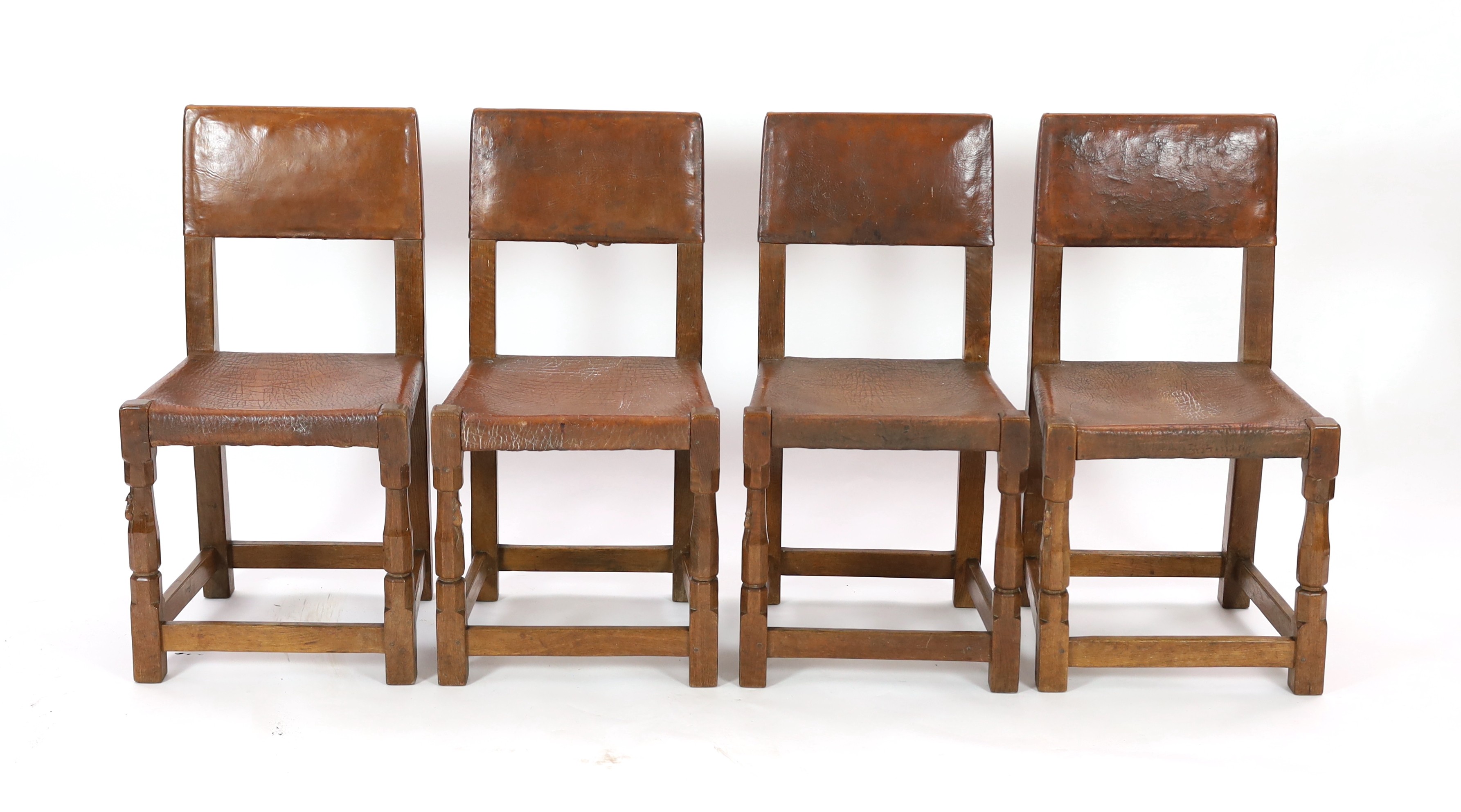 Robert Thompson of Kilburn. A Mouseman oak refectory table and four matching dining chairs, chairs width 44cm depth 47cm height 87cm